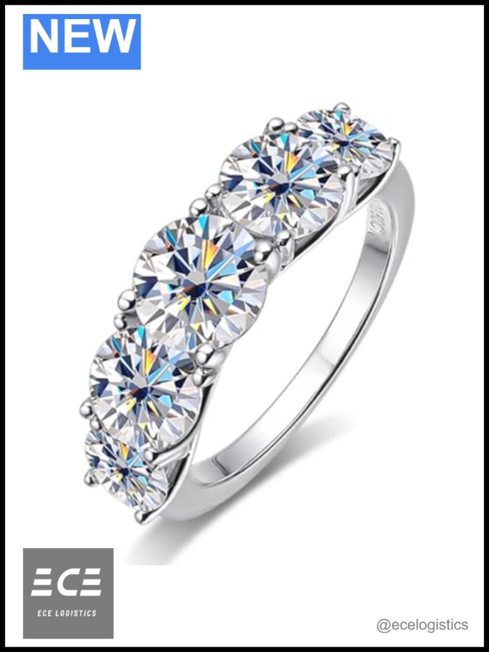 5 Stone Moissanite Wedding Ring s925 Sterling Silver Plated 18k White Gold